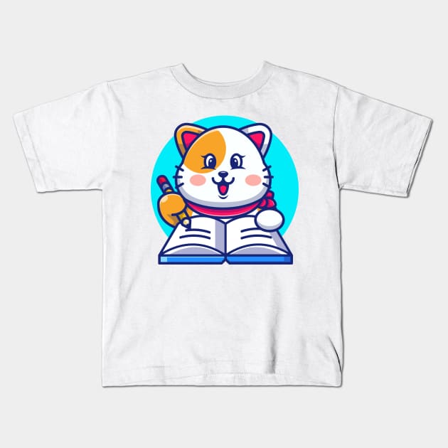 Cute cat writing on book with pencil cartoon Kids T-Shirt by Wawadzgnstuff